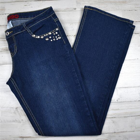 Y2K vintage bongo low rise dark blue wash denim jeans rhinestones studs size 11 - Picture 1 of 8
